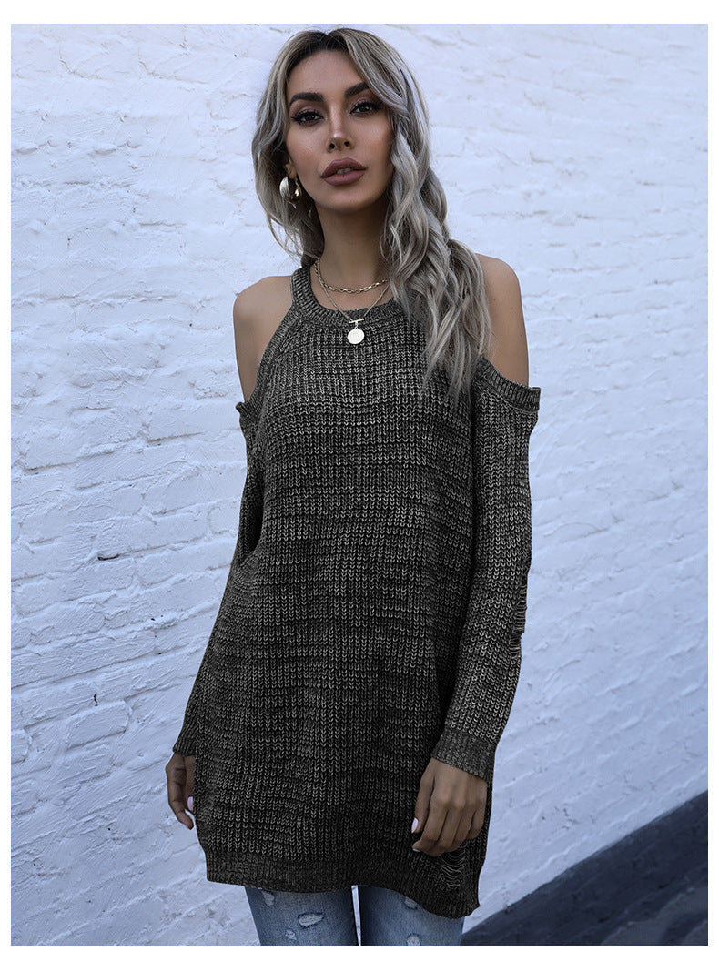 Long sleeved slim fit solid color round neck off shoulder sweater