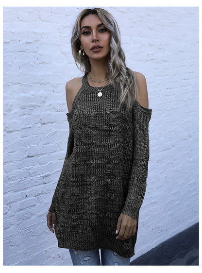 Long sleeved slim fit solid color round neck off shoulder sweater