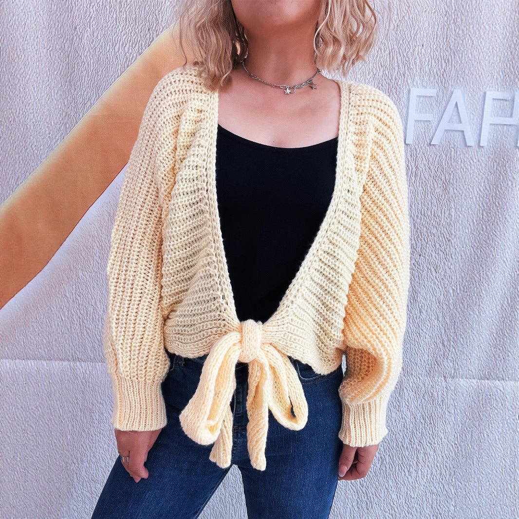 Deep V-tie long sleeved sweater for women