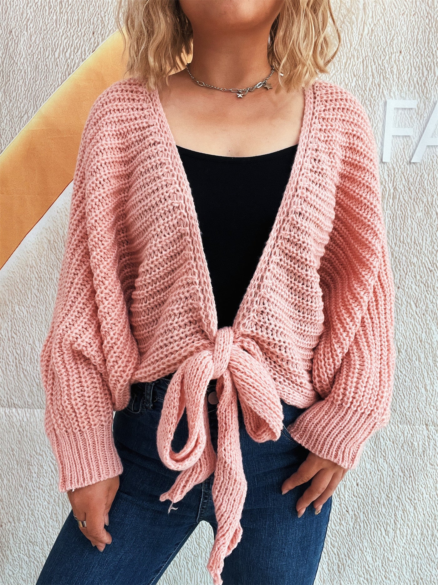 Deep V-tie long sleeved sweater for women