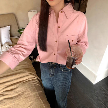 Pink Polo Neck Long Sleeve Shirt for Women