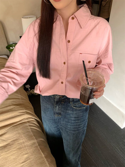 Pink Polo Neck Long Sleeve Shirt for Women