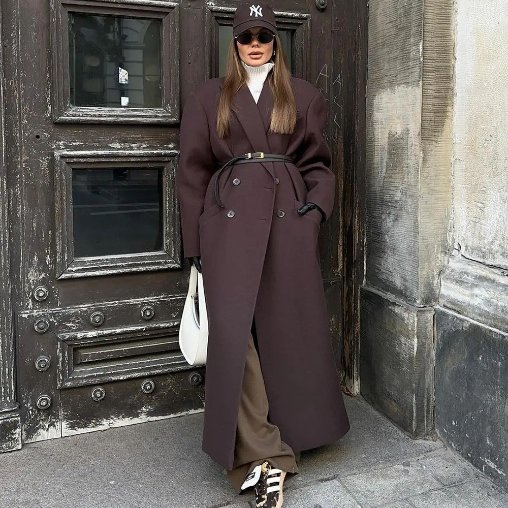 Lapel solid-color long overcoat V-neck long warm trench coat.