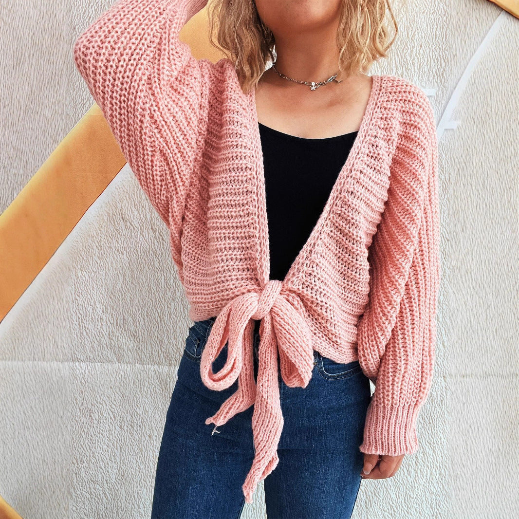 Deep V-tie long sleeved sweater for women