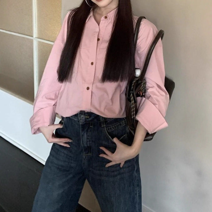 Pink Polo Neck Long Sleeve Shirt for Women