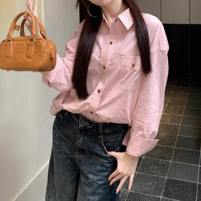 Pink Polo Neck Long Sleeve Shirt for Women