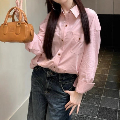 Pink Polo Neck Long Sleeve Shirt for Women