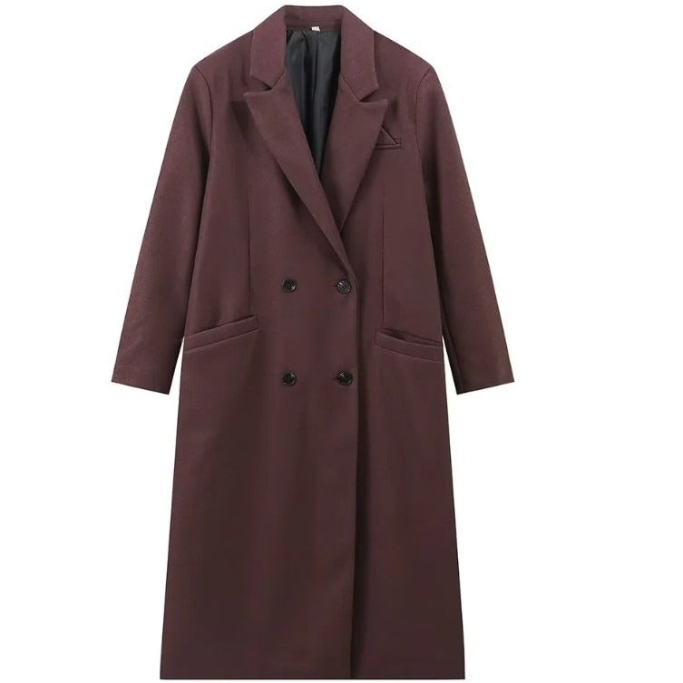Lapel solid-color long overcoat V-neck long warm trench coat.