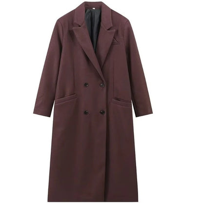 Lapel solid-color long overcoat V-neck long warm trench coat.