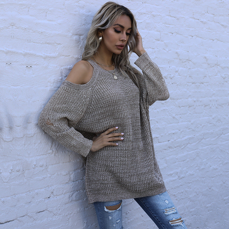 Long sleeved slim fit solid color round neck off shoulder sweater
