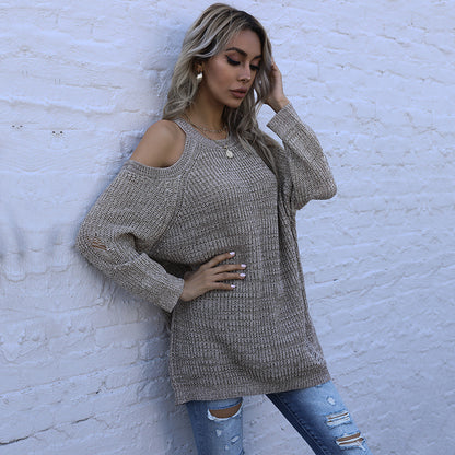 Long sleeved slim fit solid color round neck off shoulder sweater