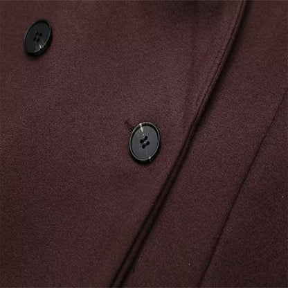 Lapel solid-color long overcoat V-neck long warm trench coat.